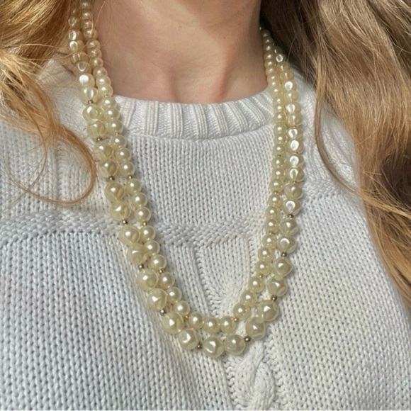 Baroque Pearl Two Strand Necklace Vintage “Tamar”  25” Statement Gold Silver - Picture 12 of 12